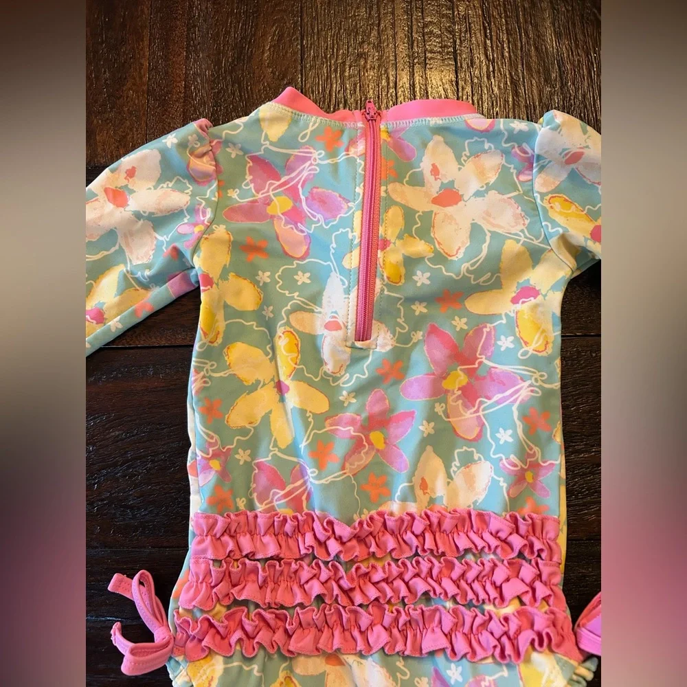 Ruffle Butts Pastel Pink / Aqua Floral Long Sleeve One piece Swimsuit Rash Guard